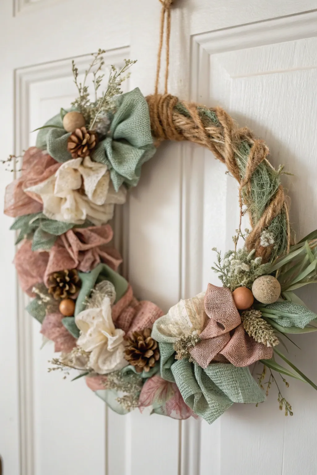 Craft sustainably with style: a minimalist burlap wreath featuring recycled beauty.