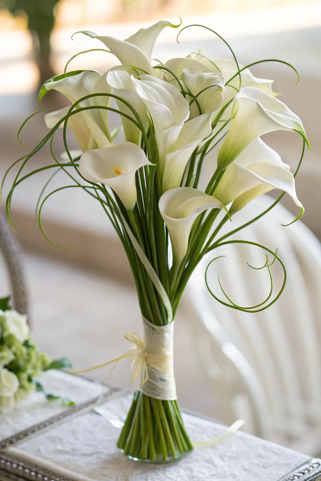 Artistic arrangement with a creative calla lily bouquet.