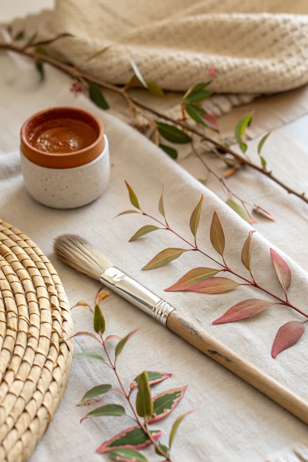 Discover the art of nature with handcrafted paintbrushes made from twigs and leaves.