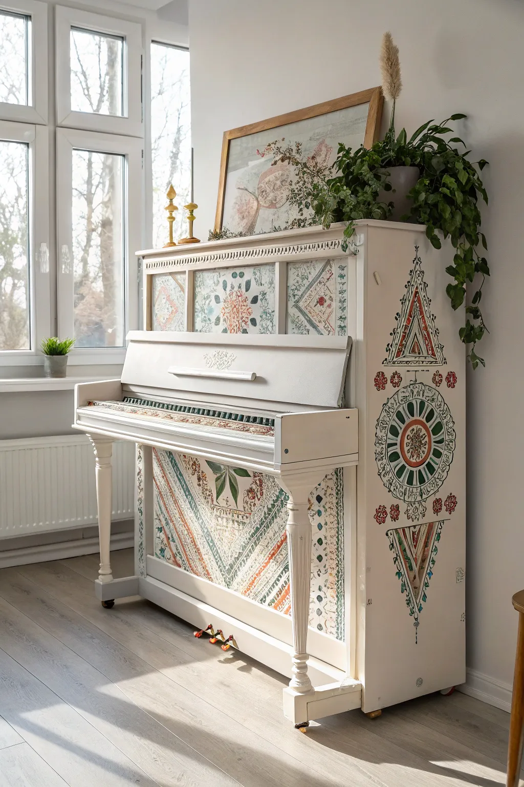 Elevate your space with a piano that tells a global story through cultural patterns, blending simplicity with artistic flair.