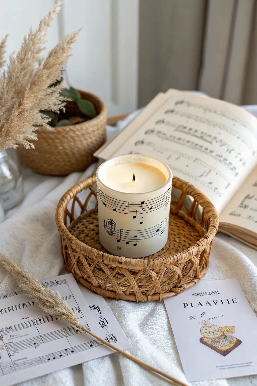 Embrace the harmony of melodies with a music-themed candle basket, perfect for those who find peace in sound.