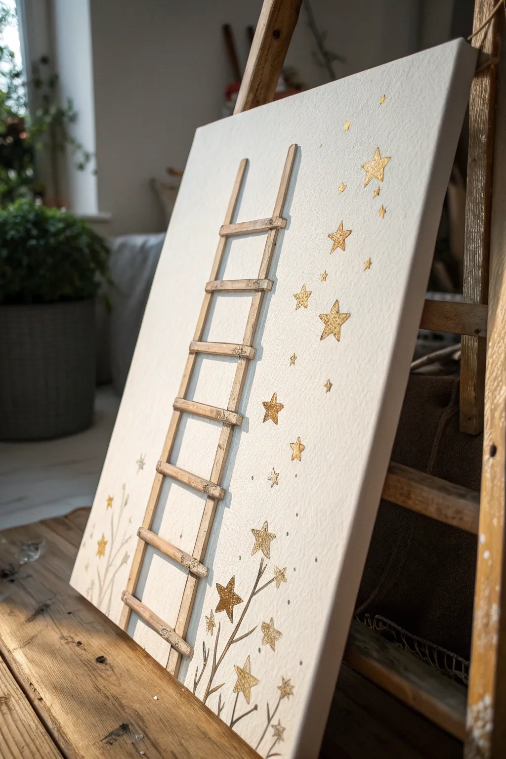 Elevate your space with the beauty of simplicity and dreams; a ladder to the stars in every brushstroke.