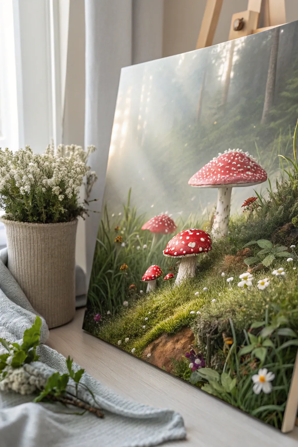 Step into enchantment with this whimsical mushroom garden painting, where simplicity meets magic.