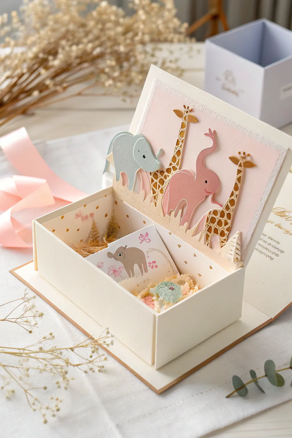 Delight in the details: A charming pop-up card box to surprise and enchant at any baby shower.