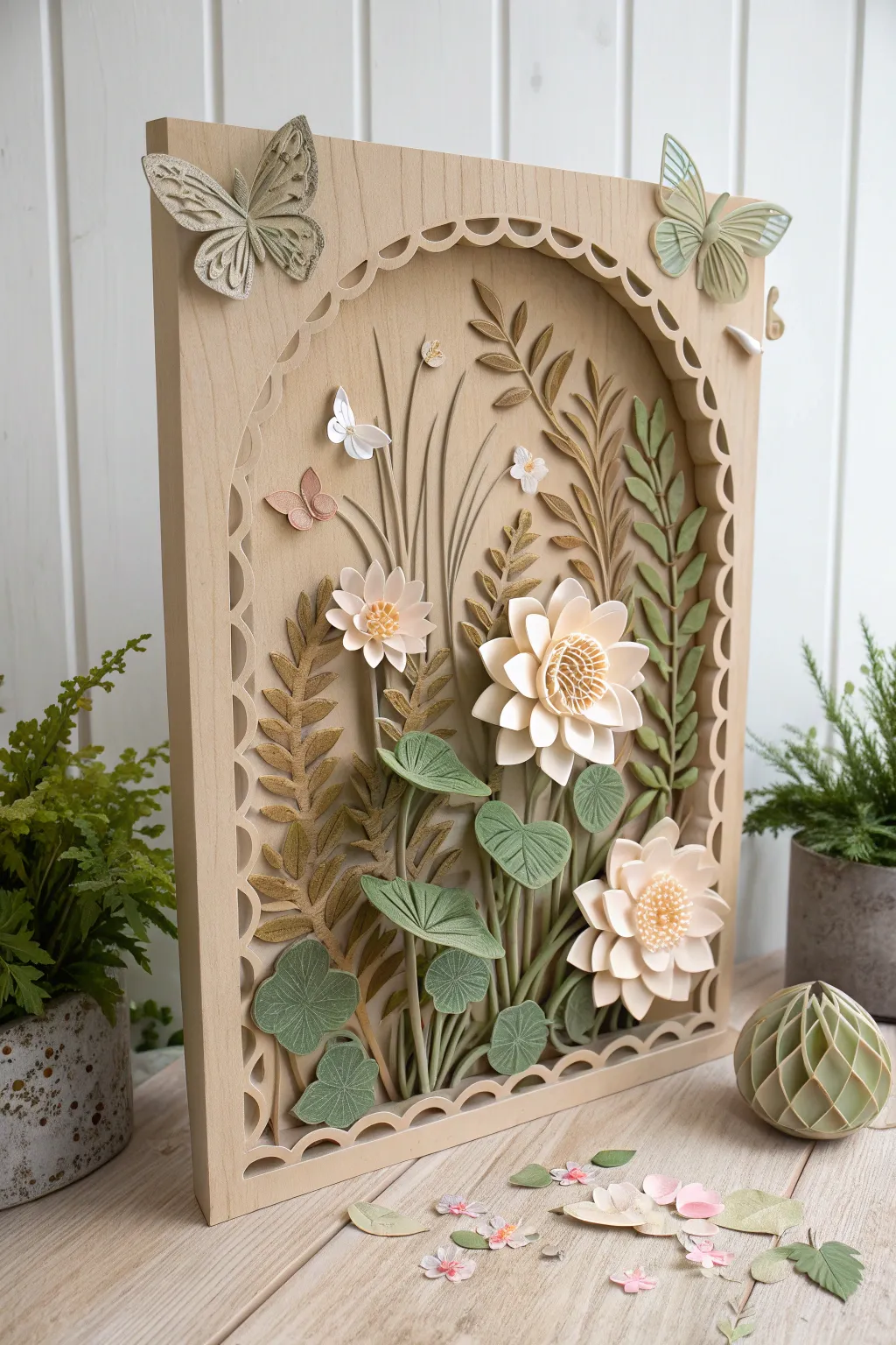 Bring the tranquility of a garden indoors with this beautifully crafted cardboard relief masterpiece.