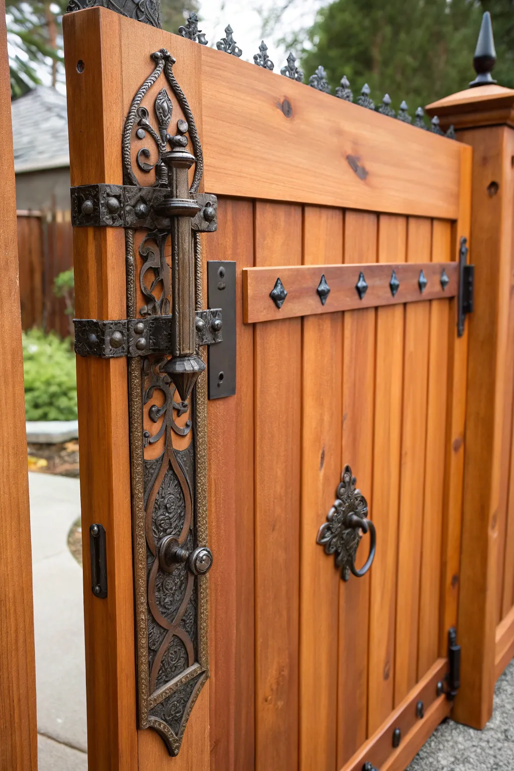 Unlock timeless charm with a cedar gate adorned with vintage hardware.