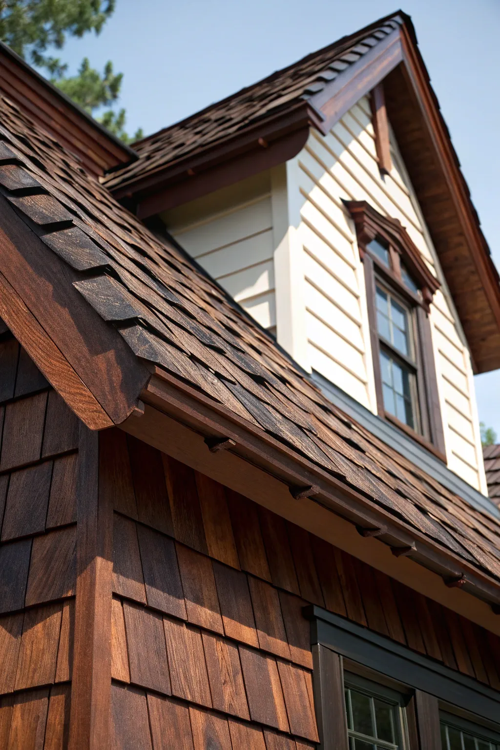 Elevate your home's facade with the bold contrast of dark cedar shakes.