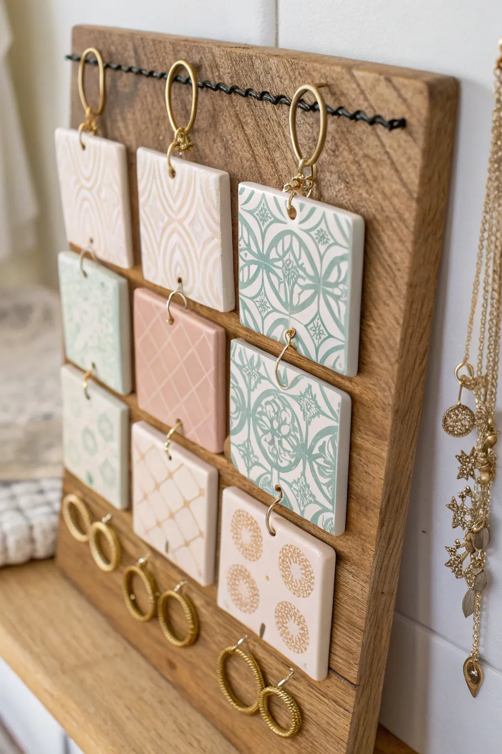 Elevate your jewelry display with this chic, handcrafted tile jewelry hanger.
