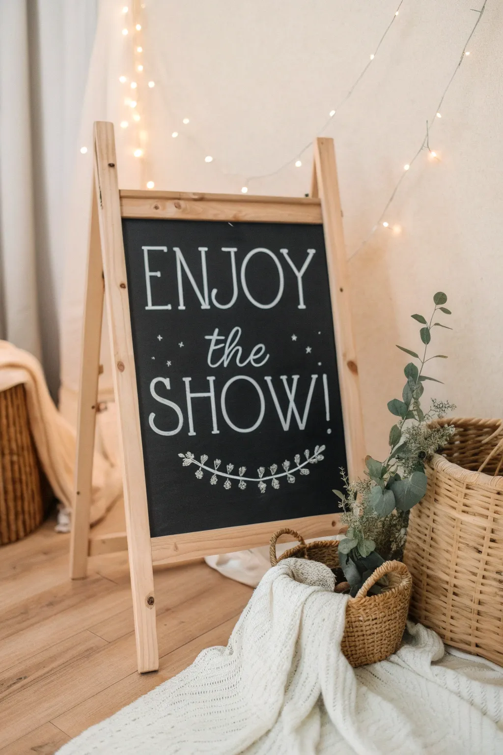 Set the perfect mood for movie nights with a charming 'Enjoy the Show!' chalkboard sign.
