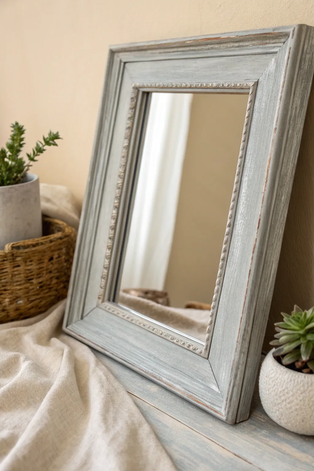Embrace understated elegance with muted neutrals for your mirror frame.