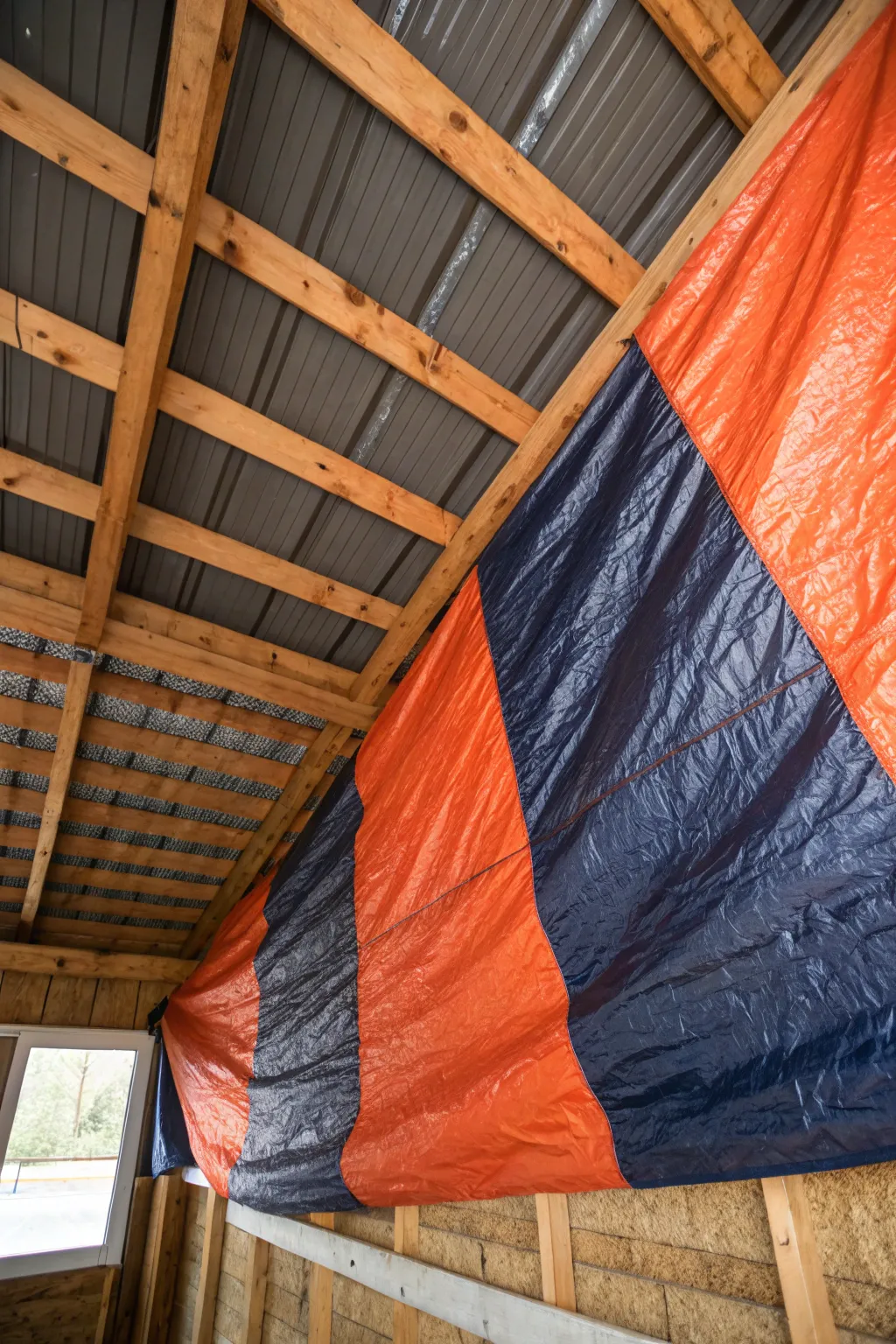 Elevate your shed's warmth with a touch of craftsmanship: the bold and cost-effective tarp ceiling solution.