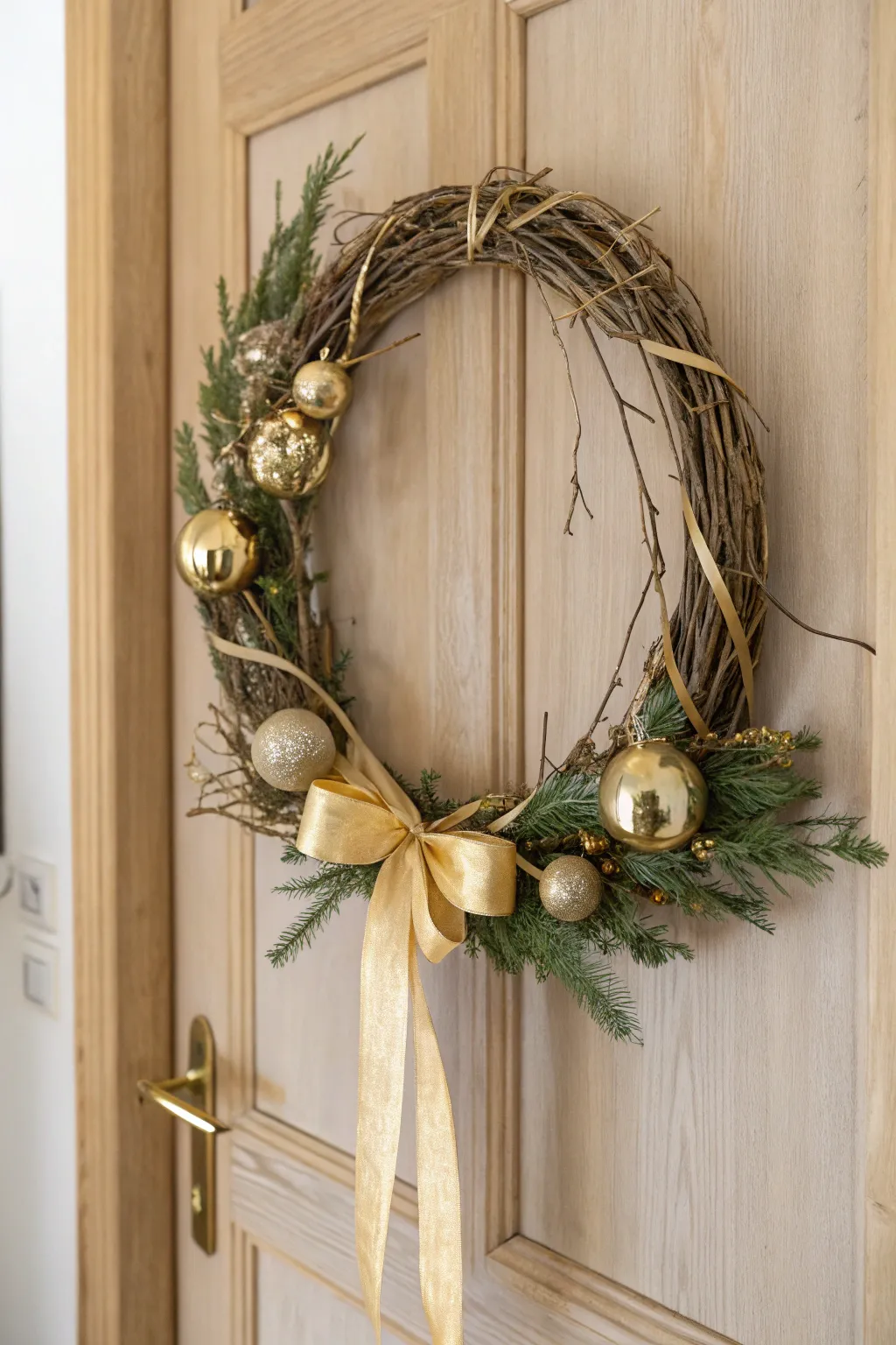 Embrace the holidays with a touch of luxury: a minimalist wreath with glamorous gold accents.