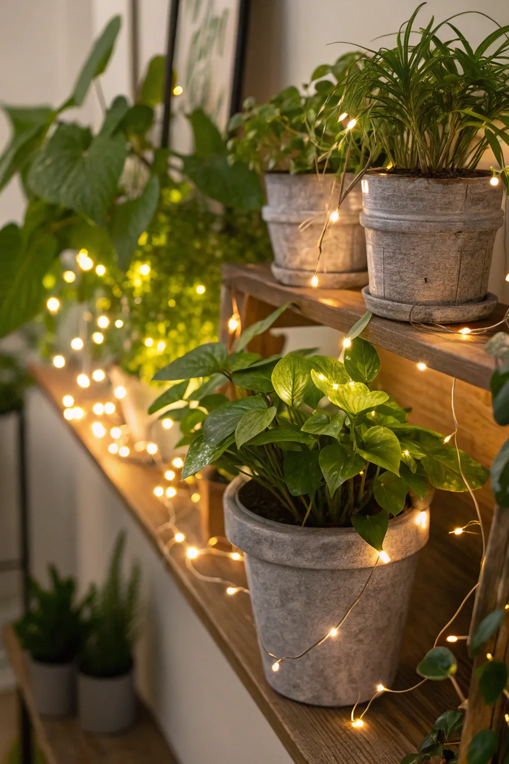 Illuminate your indoor greenery with festive lights for added charm.
