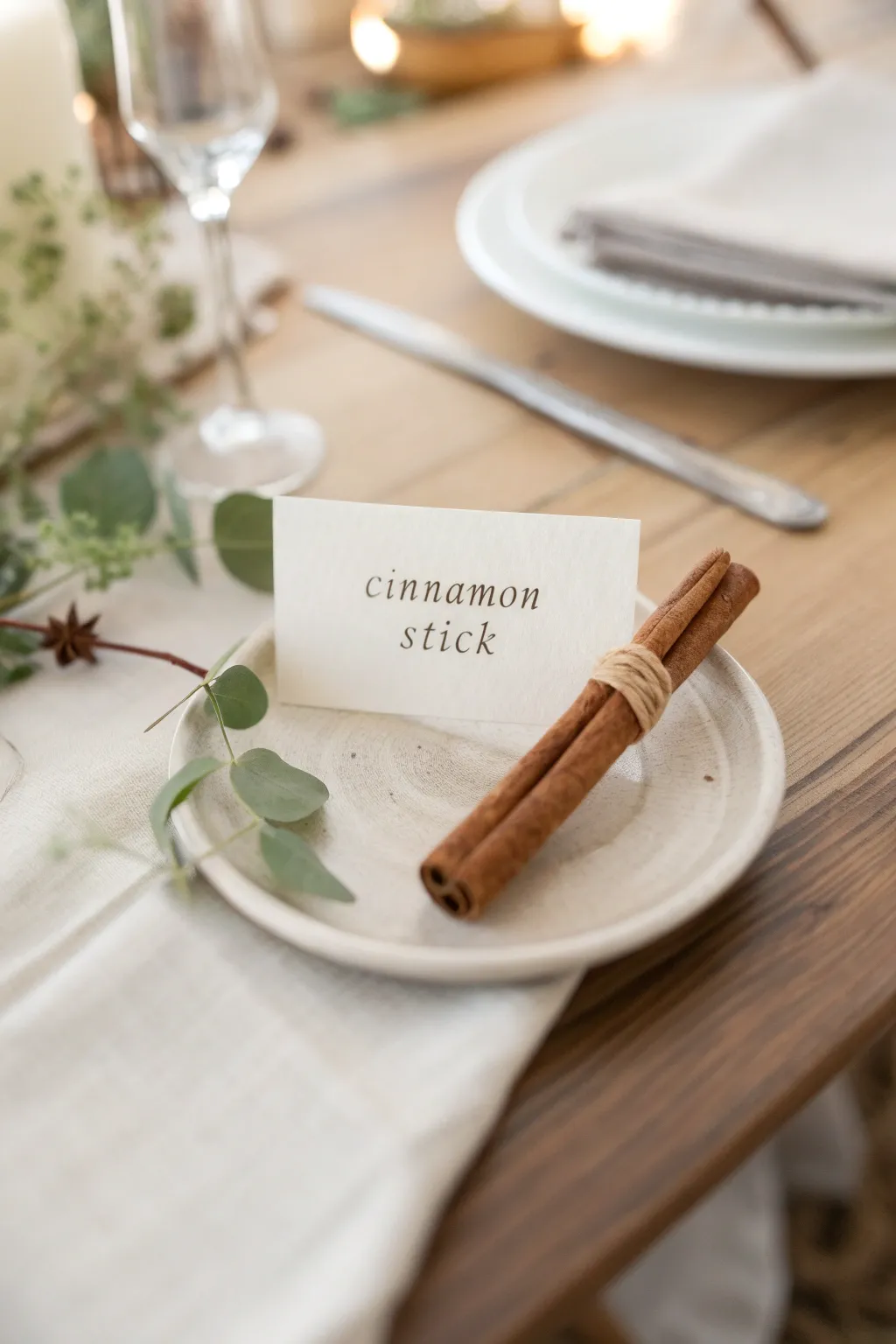 Elevate your table decor with the warm charm of cinnamon stick place cards.