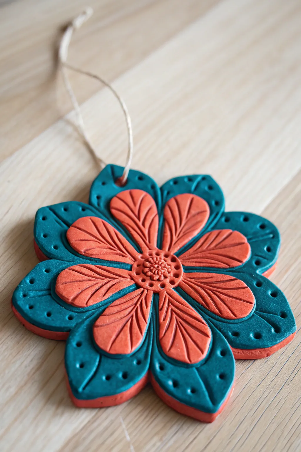 Add a pop of color and fun to your space with this whimsical clay flower ornament.
