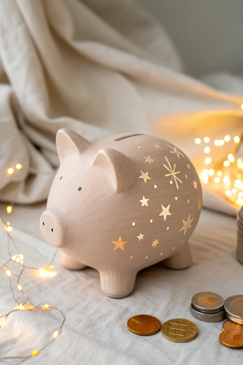 Illuminate your savings with a mystical glow – a starry night clay piggy bank that shines in Scandinavian minimalism.