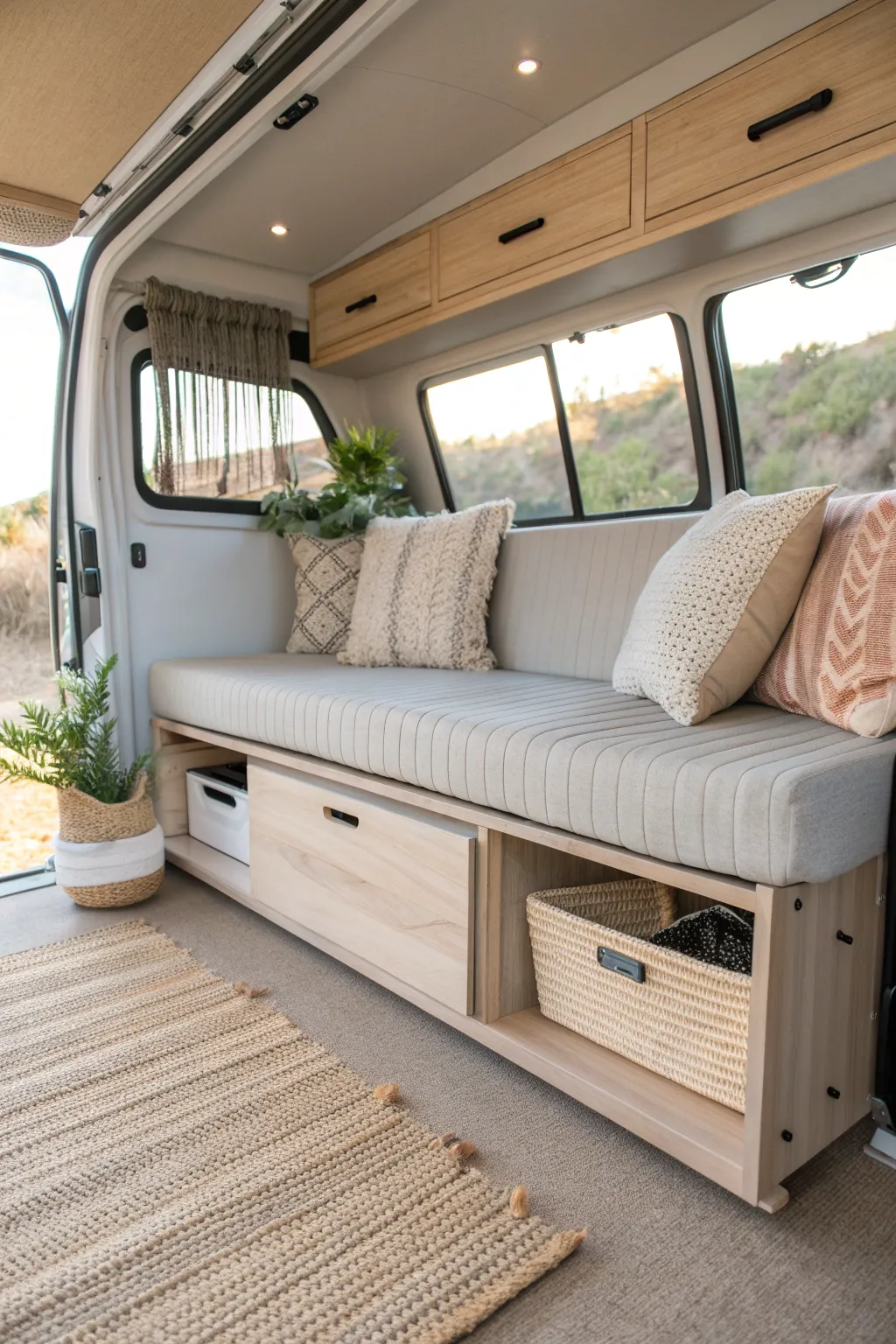 Transform your campervan with a chic convertible seating area that offers both style and storage. #CampervanLiving #ScandiBoho