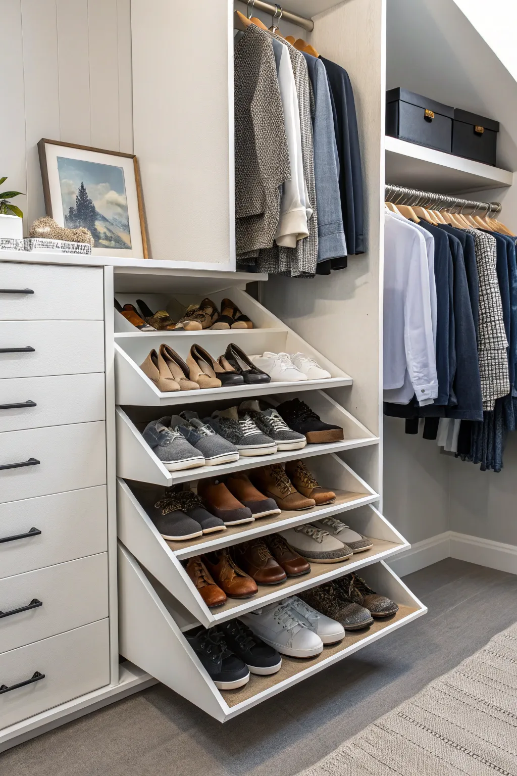 Closet with angled shelves for organized shoe storage.