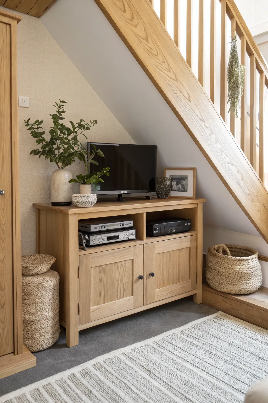 Streamline your entertainment setup with a sleek under-stair media cabinet.