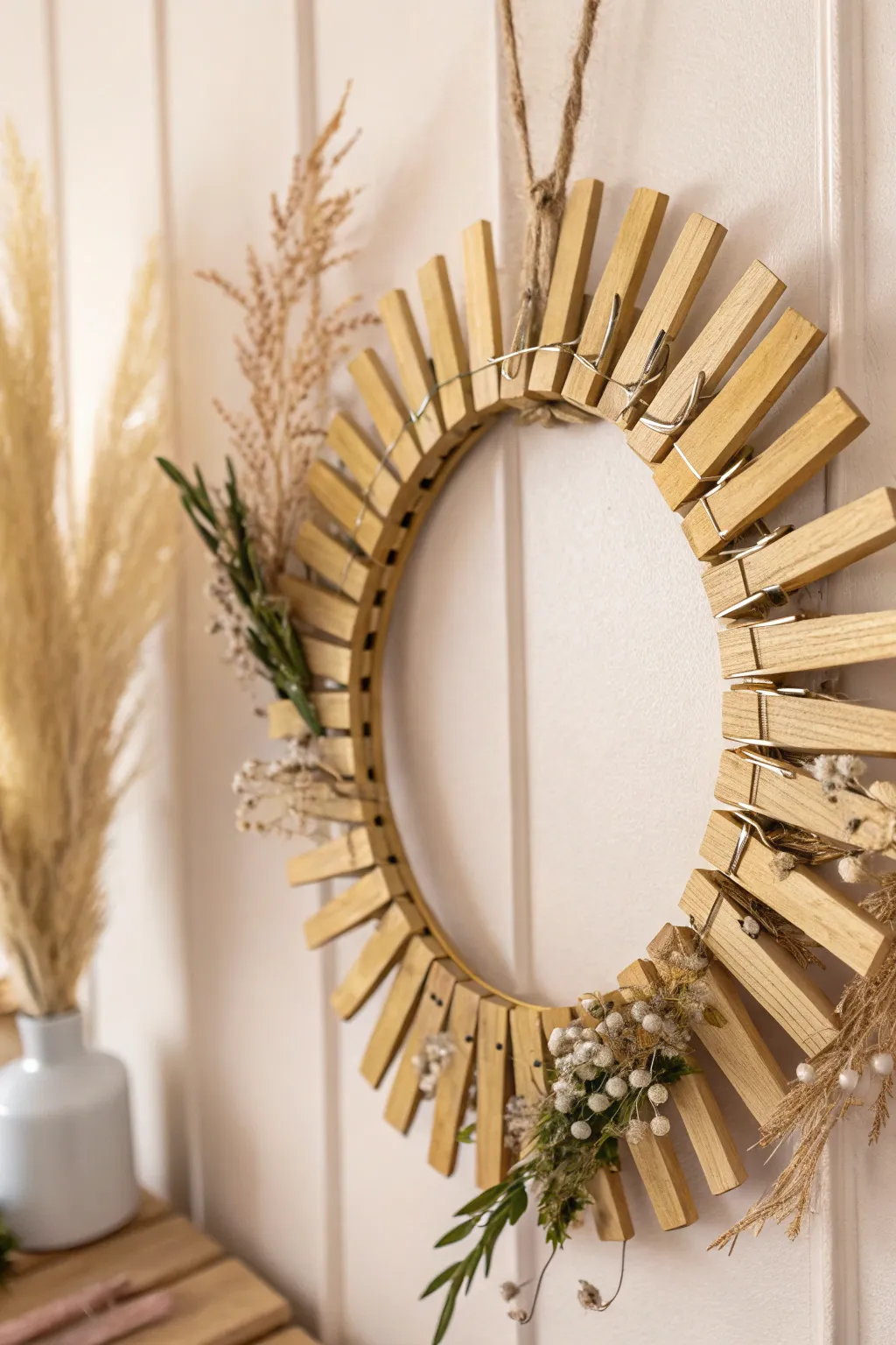Elevate your home decor with a chic metallic clothespin wreath, where Scandinavian minimalism meets boho charm.