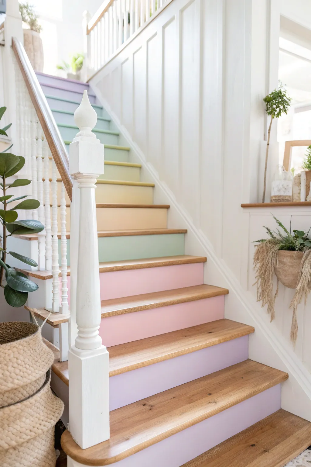 Step into a world of color with these charming pastel stair risers, adding a playful touch to your minimalist home.