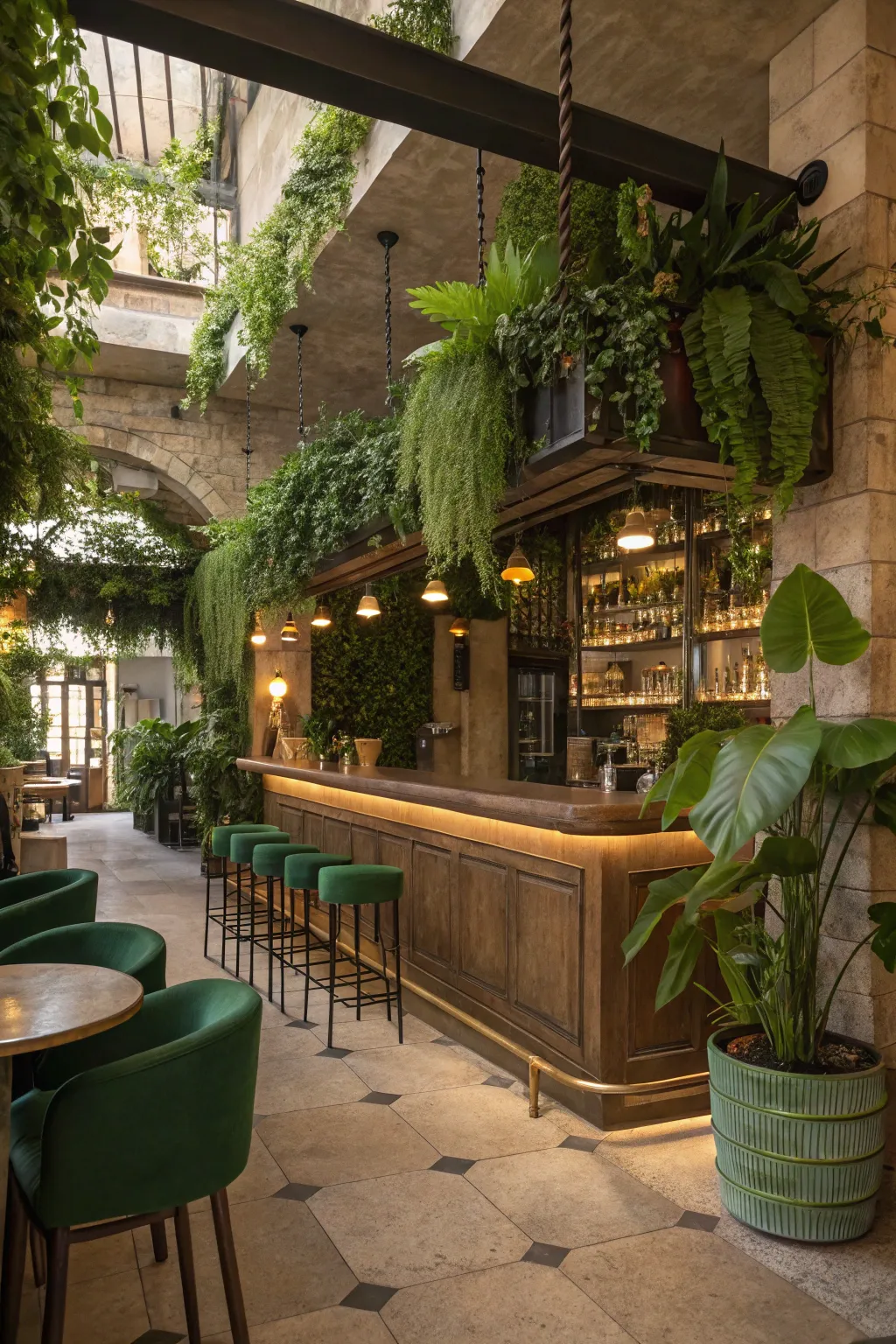 Add freshness and life to your bar with lush greenery, creating a harmonious environment. 🌿 #GreenDesign #FreshVibes