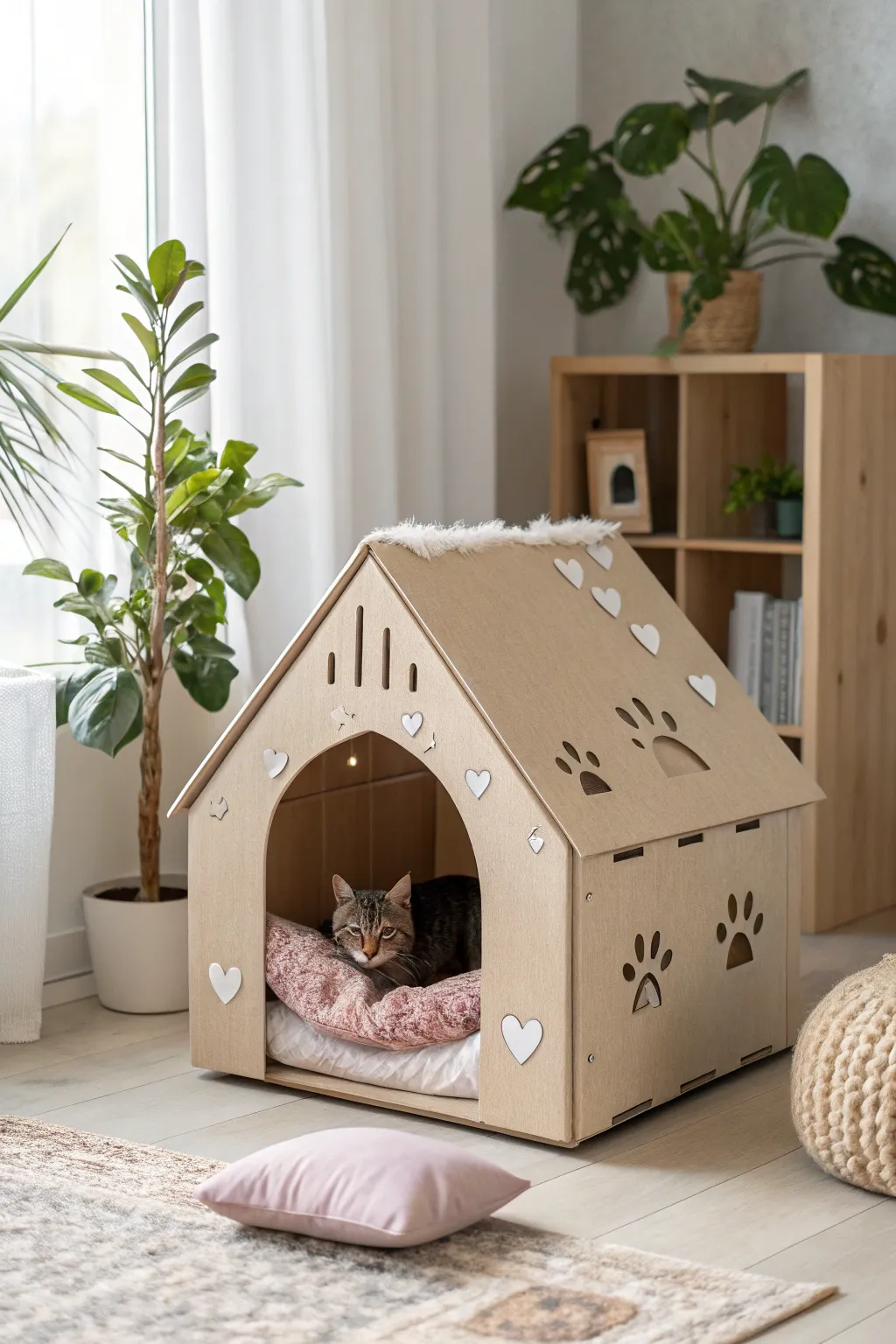 A cozy cardboard retreat for your furry friend—where minimalist design meets comfort.