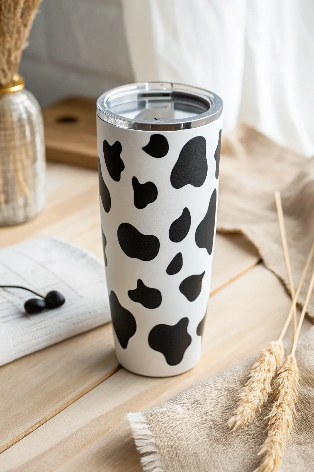 Elevate your tumbler game with a chic cow print and subtle shadow play.