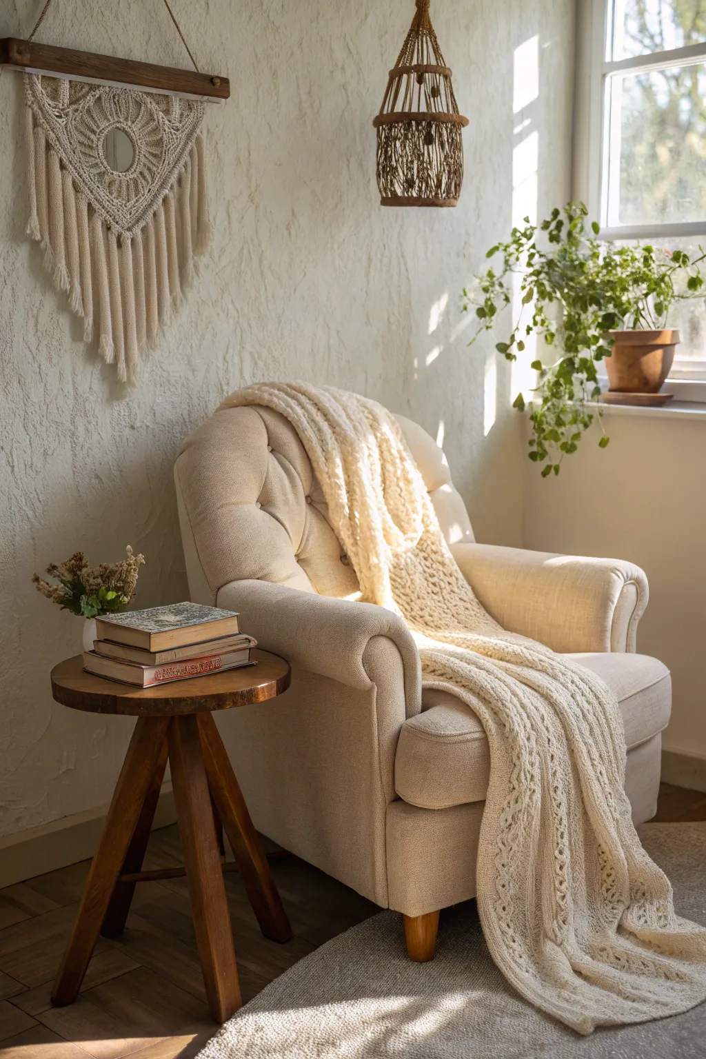 Escape into your personal sanctuary with this inviting reading nook, where simplicity meets boho charm. Perfect for a moment of relaxation and inspiration. #CozyCorner #ScandiBoho