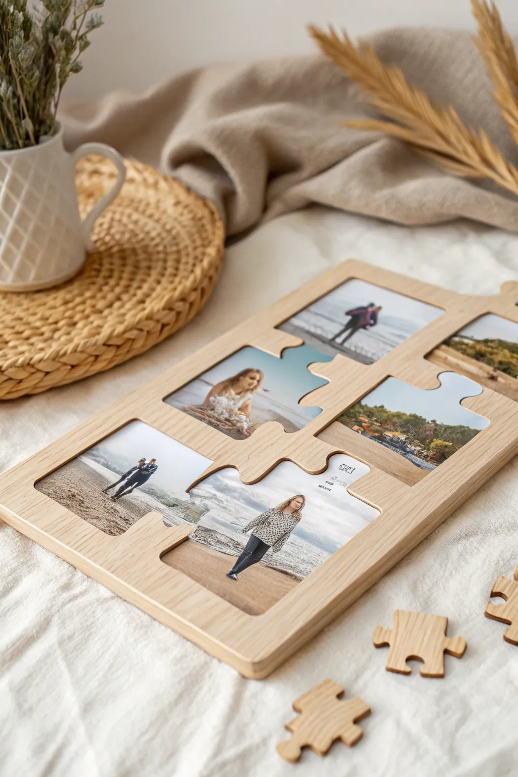 Piece by piece, memories come together on this minimalist puzzle board, capturing life's beautiful journey.