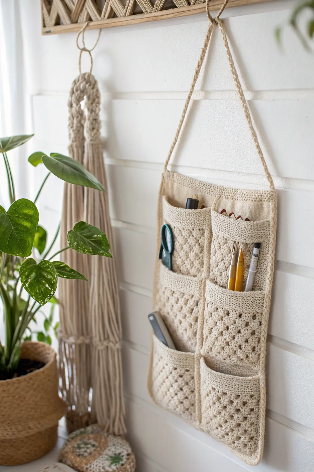 Transform your crochet corner with this chic and functional hanging organizer, where every hook finds its perfect place.