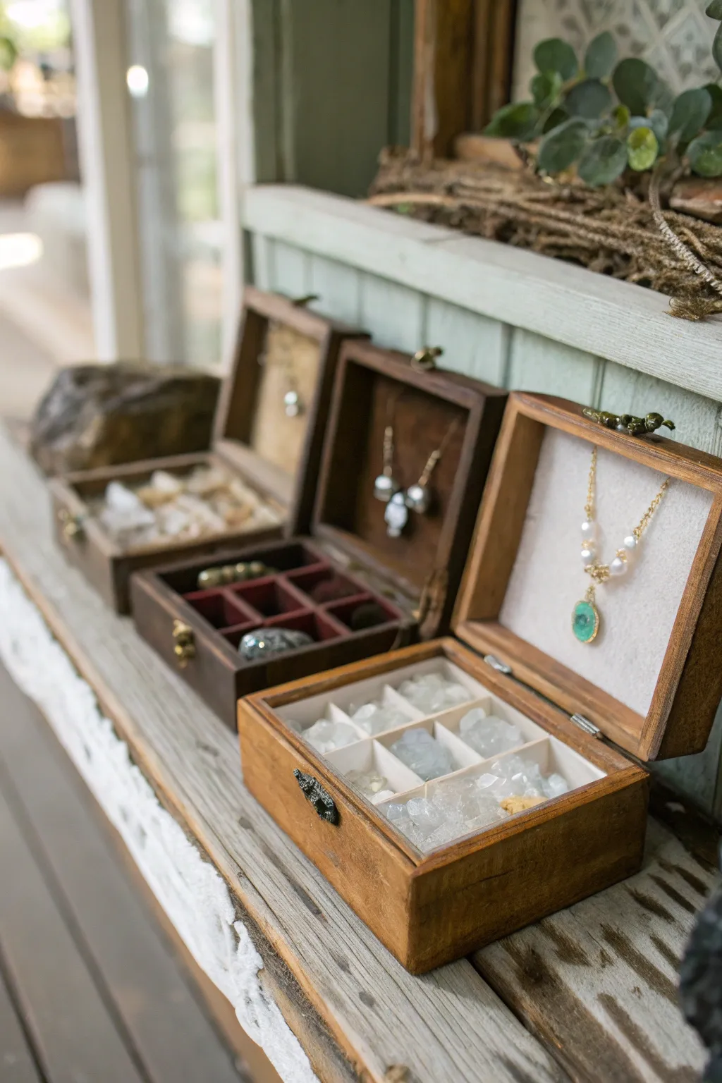 Vintage jewelry boxes creatively used for storing crystals.