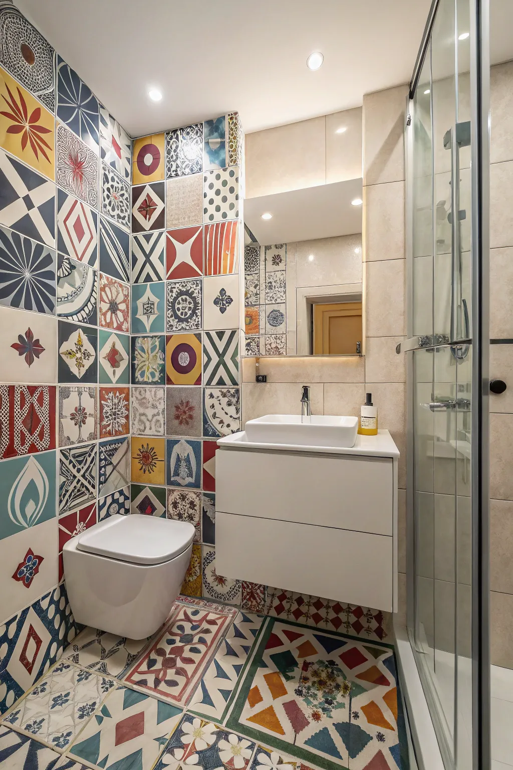 Statement tiles add character and flair to this custom bathroom.