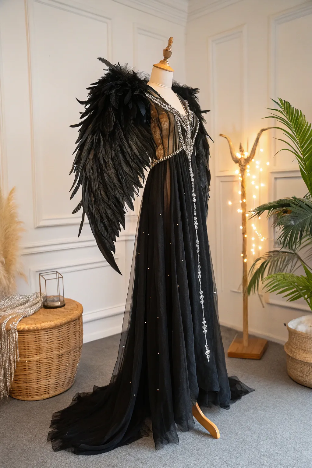 Capture the ethereal beauty of your DIY dark angel costume with elegance and simplicity. 🌿✨