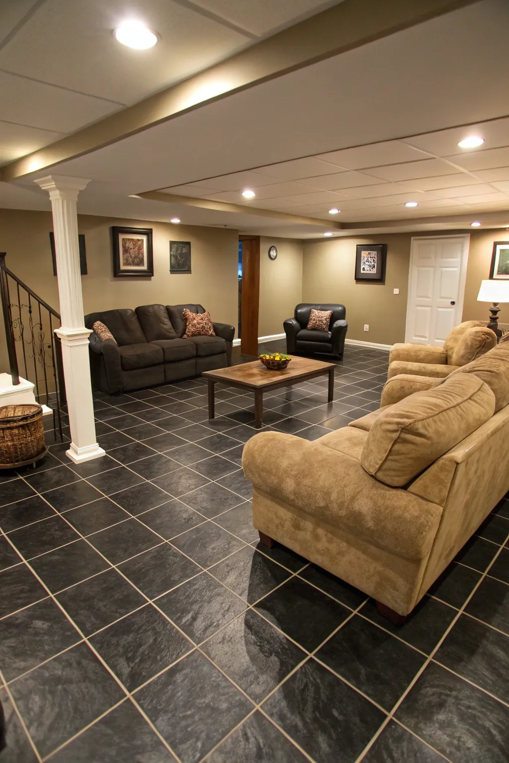 A cozy basement retreat with warm dark tiles.