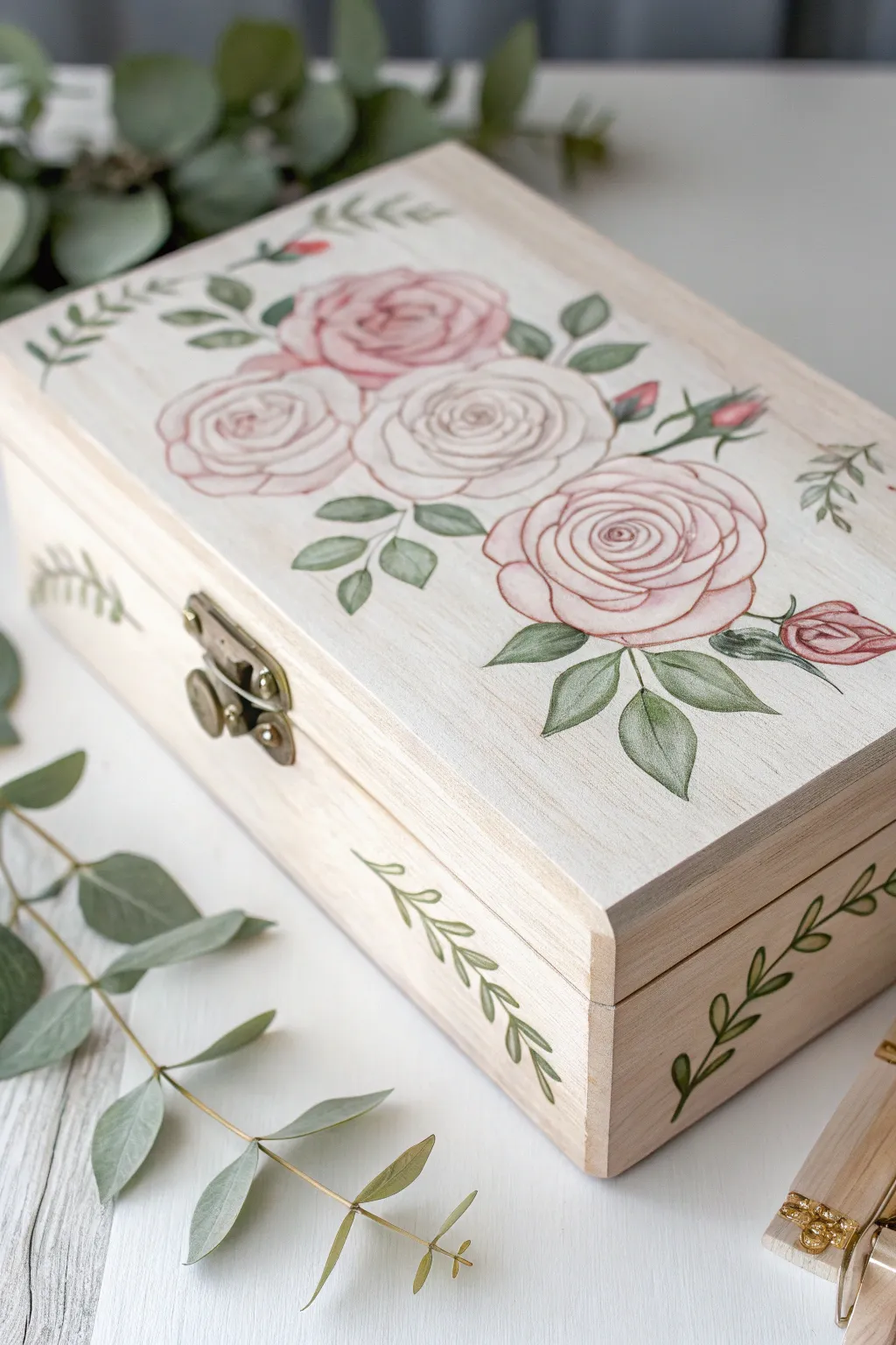 Add a touch of floral fantasy to your decor with this exquisitely painted box, where simplicity meets natural beauty.