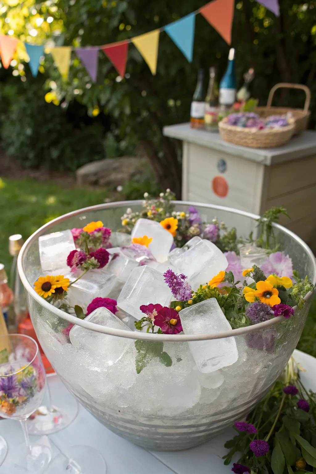Edible flower bouquet ice cubes for a stunning centerpiece.