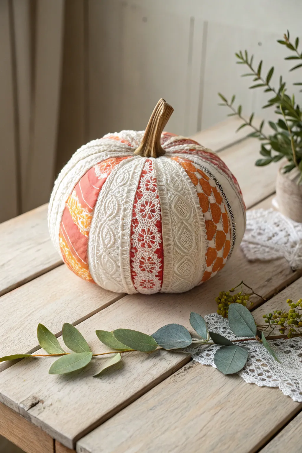 Embrace the art of layering with this beautifully decoupaged pumpkin – where bold colors meet delicate lace for a stunning autumn centerpiece.