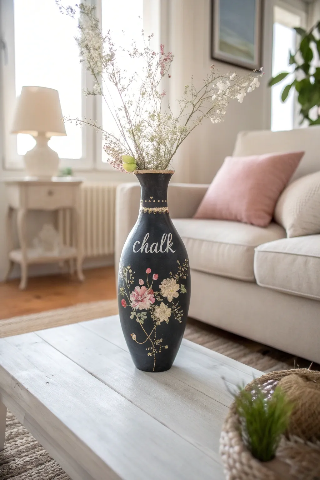 Elevate your decor with a personalized decoupage vase, where chalkboard paint meets minimalist elegance.