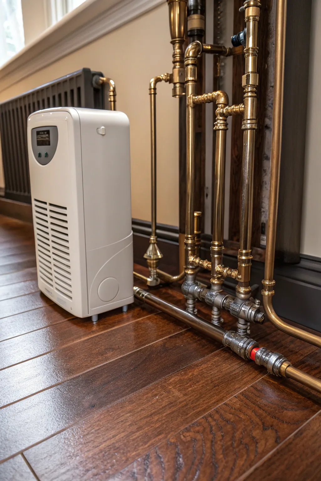 Maximize efficiency with a sleek dehumidifier integrated into your underfloor heating system.