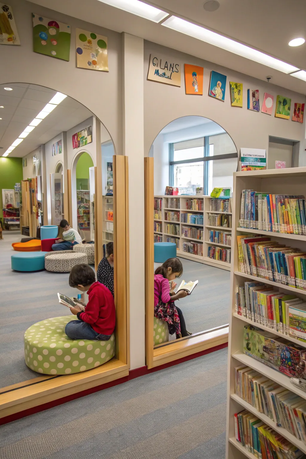 Mirrors enhance the sense of space and openness in a library.