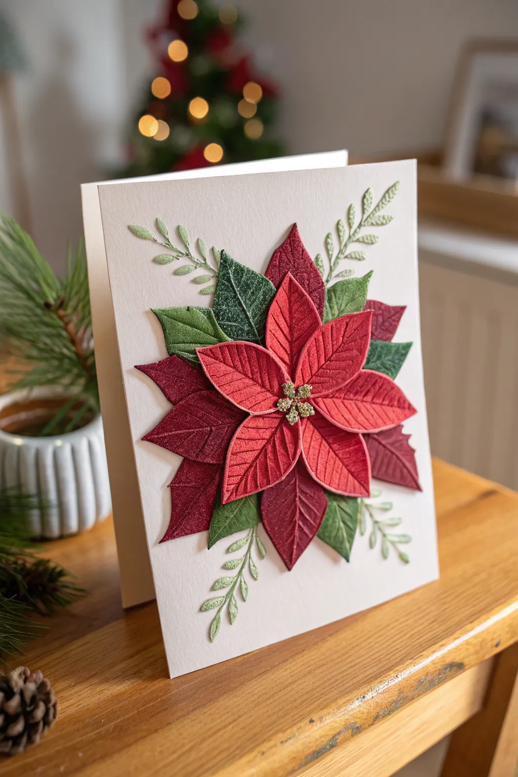 Discover the beauty of simplicity with this poinsettia-inspired die-cut Christmas card.