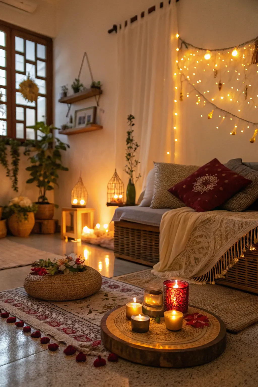 A cozy indoor setup is ideal for capturing intimate and warm Diwali moments.