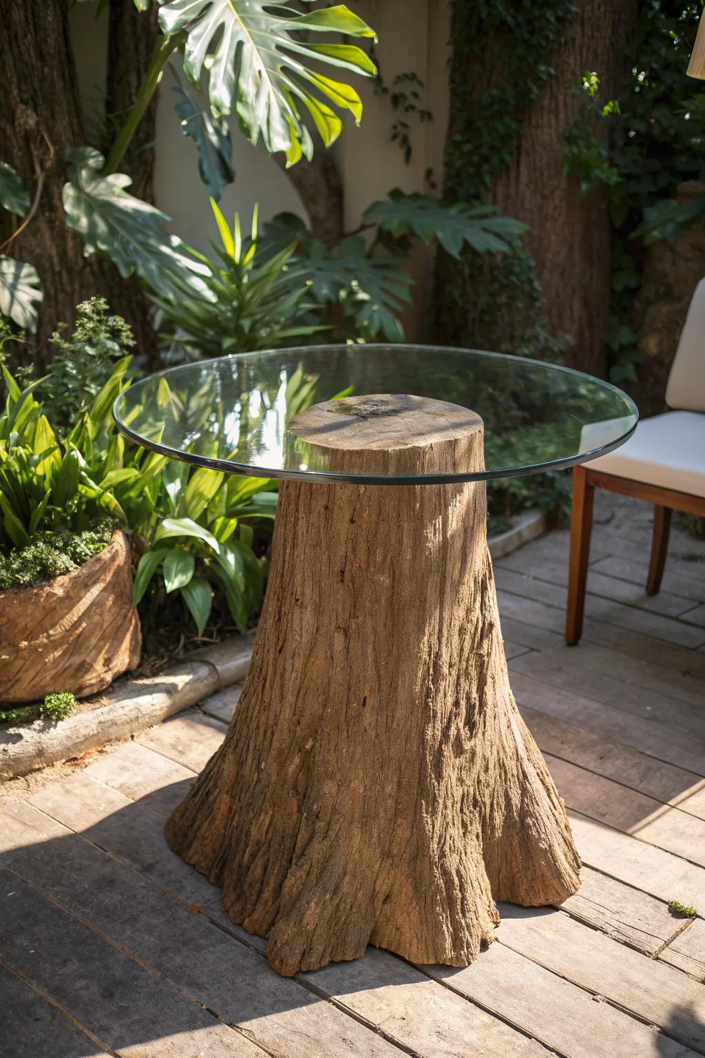 Elevate your outdoor oasis with a rustic yet refined tree trunk table. Perfect for the ultimate DIY poolside bar!
