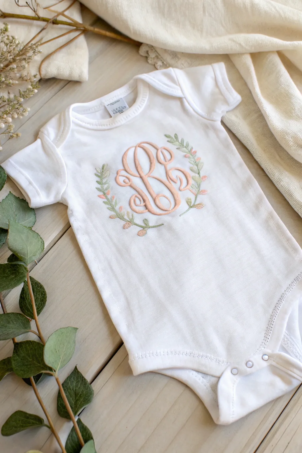 Add a touch of elegance and personalization with a hand-embroidered monogram on your baby's onesie. 🌿✨ #DIYBabyStyle #MinimalistCharm