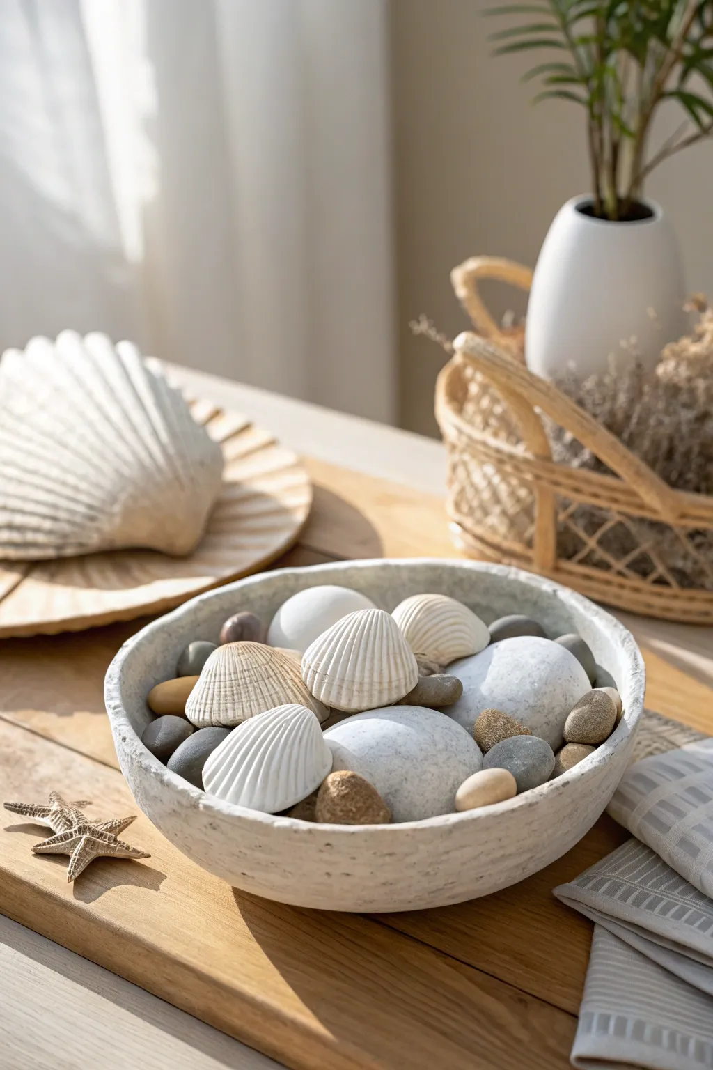 Embrace the coastal boho charm with this serene shell and stone centerpiece.
