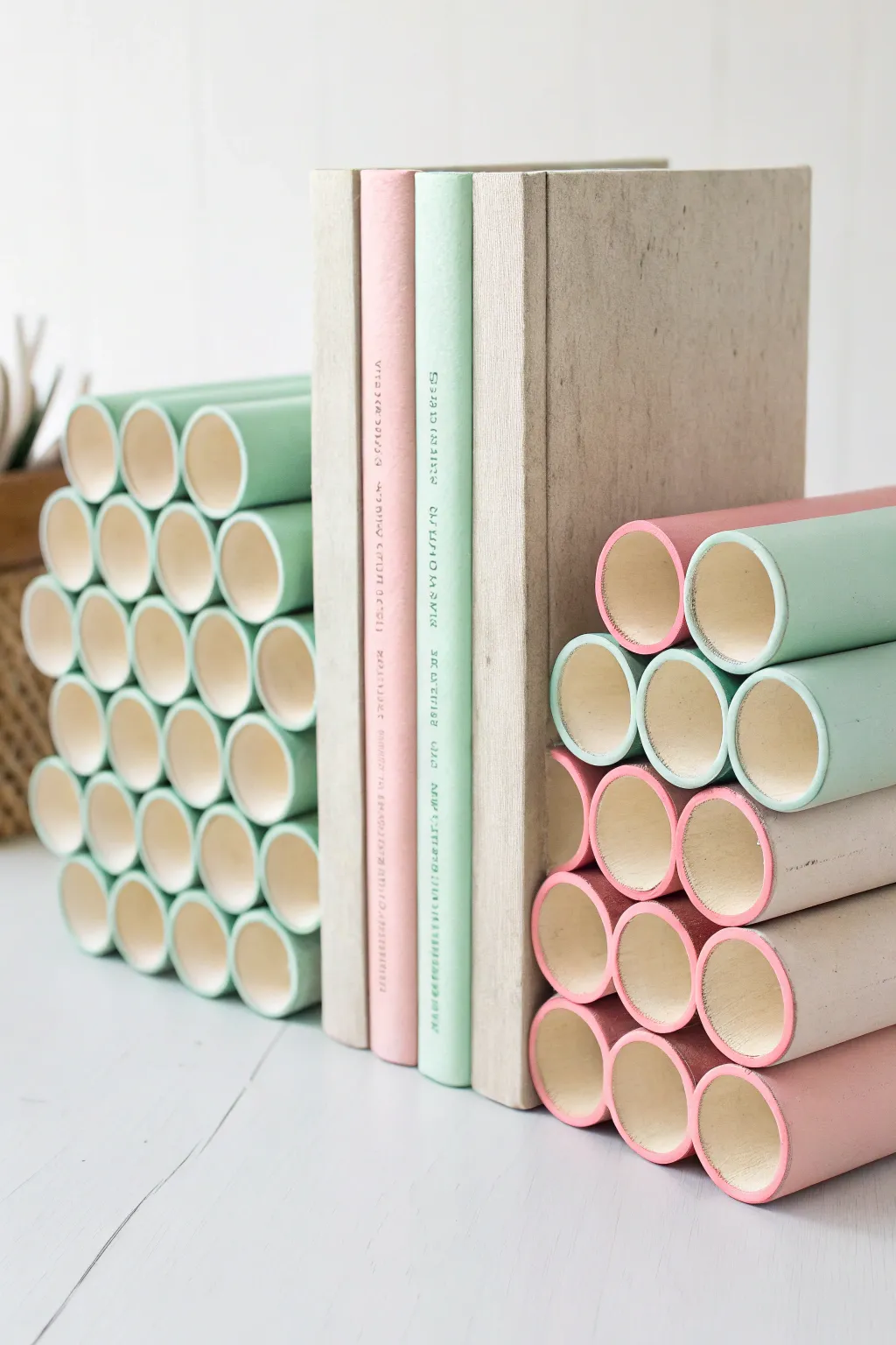 Chic and Sustainable: Elevate your bookshelf with these eco-friendly cardboard tube bookends, perfect for the minimalist at heart.