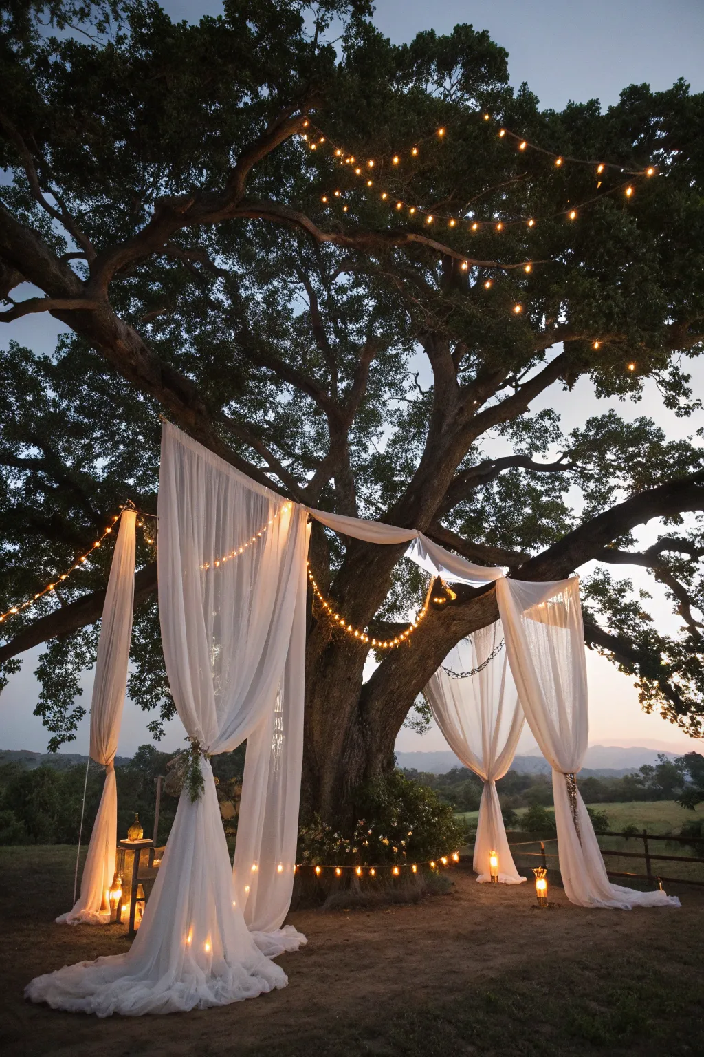 Transform your wedding into a fairytale with enchanting tree drapes that blend natural beauty and minimalist elegance.