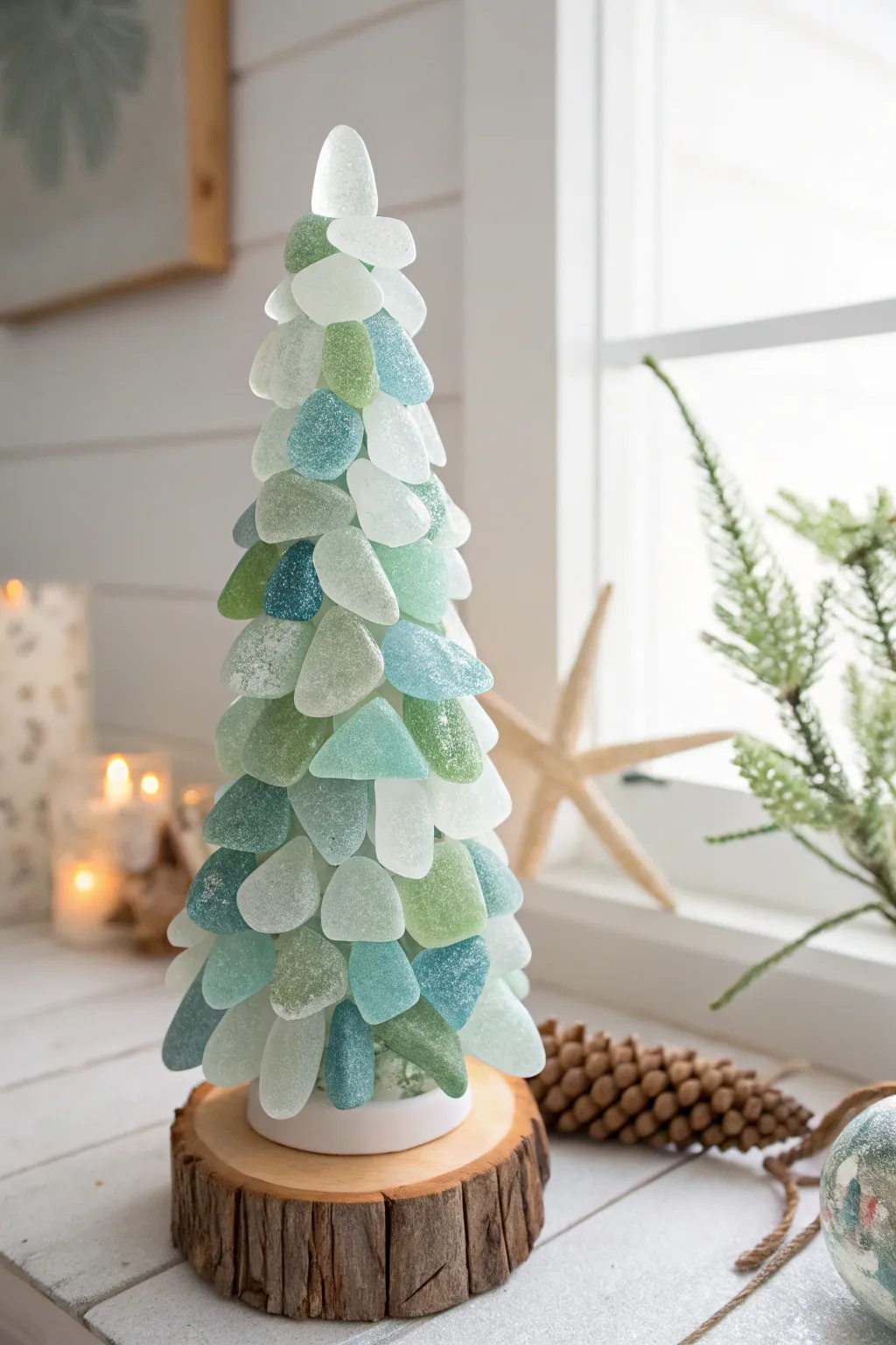 Bring the tranquil beauty of the sea to your holiday decor with a handcrafted sea glass Christmas tree.