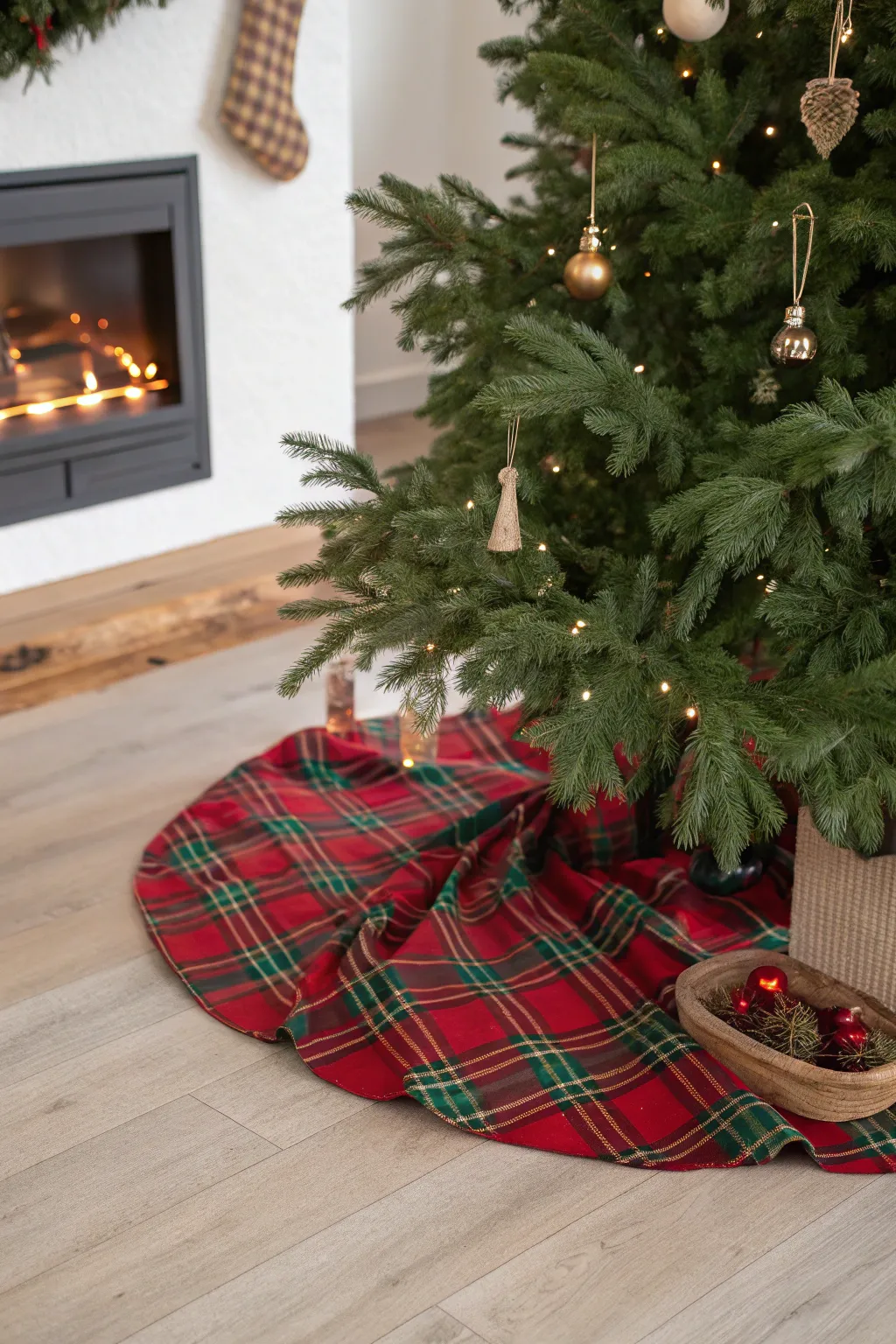 Transform a plaid blanket into a cozy Christmas tree skirt for a touch of effortless charm.